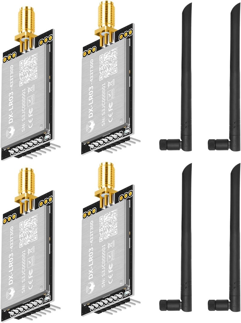 PDDAXLQUE 4 قطع DX-LR03 وهوائي 28 ديسيبل 10 كم مدى طويل للغاية وحدة الإرسال والاستقبال التسلسلي LORA UART 410-475/433 ميجاهرتز مع شريحة ASR6601 الرئيسية + PA متوافقة مع Arduino CE FCC (DX-LR30-433T30D-(I)*4 قطع) - Image 1
